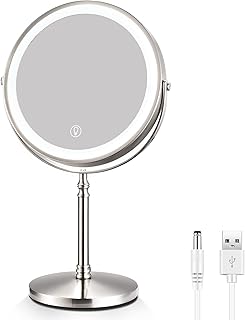 AMZNEVO Rechargeable 8'' Lighted Makeup Mirror, 1X 10X Magnifying Vanity Mirror with 3 Color LED Lights, Touch Sensor Adjust Brightness Double-Sided Cosmetic Mirror, Brushed Nickel