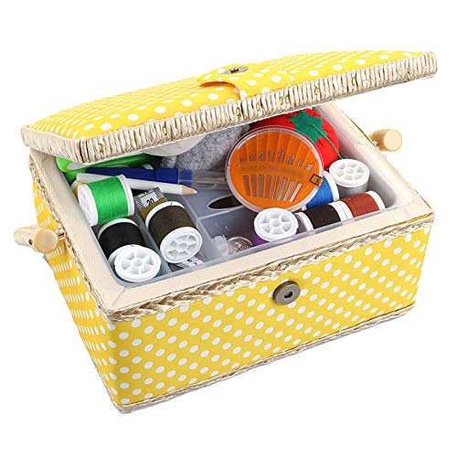 Large Sewing Basket with Complete Sewing Kit Sewing Supplies Accessories Tools Included Wooden Beginners Sewing Kit with Removable Tray and Tomato Pincushion for Craft Sewing Mending - Yellow