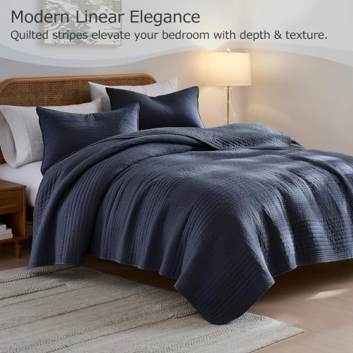 Image of palassio Striped Navy Blue 100% Cotton Quilt Queen Size Bedding Sets, Lightweight Crinkly Channel Pick Stitch Textured Bedspread Soft Shabby Chic Farmhouse Country Coverlet for All Season, 2 Shams