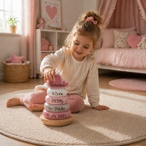 Mainely Personalisierbarer Holz-Stapelturm Rosa – fördert Feinmotorik & Koordination – für Kinder ab 12 Monaten – mit Name & Geburtsdaten - Label Label