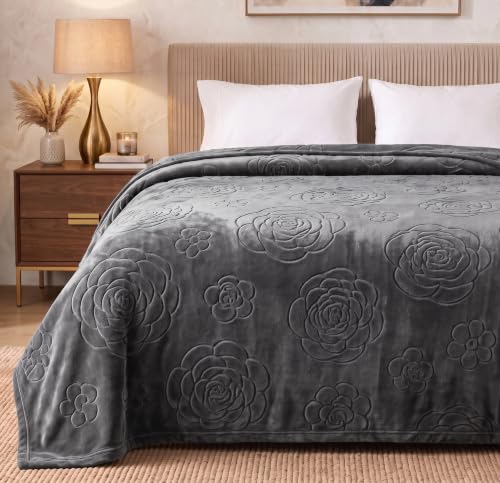 Image of HOMEKART 280 GSM Micromink Blanket for Single Bed | Ultra Soft Plush Winter Blanket, Warm & Cozy Bedding, Embossed Floral Design, 40 x 80 Inches, Grey