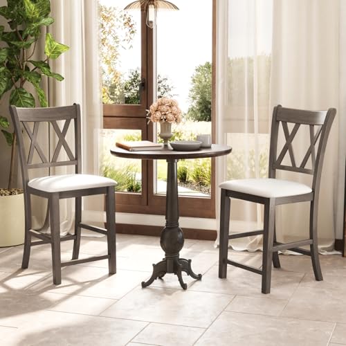 Juego de 2 taburetes de bar de madera Giantex, altura de mostrador de 24 pulgadas, con respaldo cruzado y asiento tapizado en tela de lino, estilo moderno y rústico para isla de cocina, bar en casa y comedor, gris y blanco miniatura 7