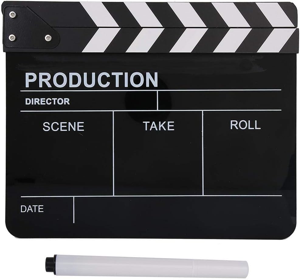 Portable Movie Film Clap Board,Acrylic Scene Director Action Clapperboard with Pen for Shoot Props/Advertisement/Home Decoration/Background, etc(Black)