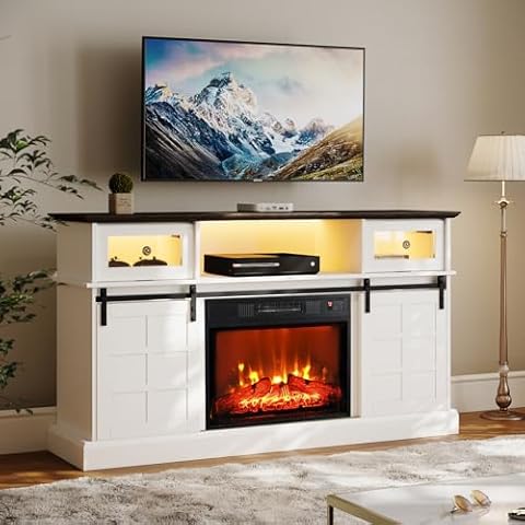 Naice Fireplace TV Stand for TVs up to 65 inch, LED Media Entertainment Center with 23" Electric Fireplace, Farmhouse Console w/Sliding Barn Door& Adjustable Storage Shelves for Living Room Bedroom Cover