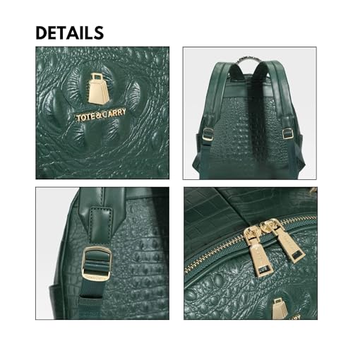 Image of Tote&Carry Apollo BFF Backpack for Women, Vegan Leather, Water-Resistant, Carry-On Luggage for Travel, Work & Daily Use (Alligator Skin, Emerald Green)
