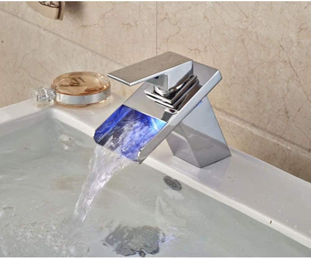 Robinet mitigeur cascade LED pour lavabo de salle de bain en chrome