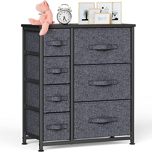 Pipishell Commode en Tissu avec 7 tiroirs, Grande Tour de Rangement, unité de Rangement avec Dessus en Bois et poignée Facile à Tirer pour placards, Salon, Chambre d'enfant, Couloir, Noir Cover