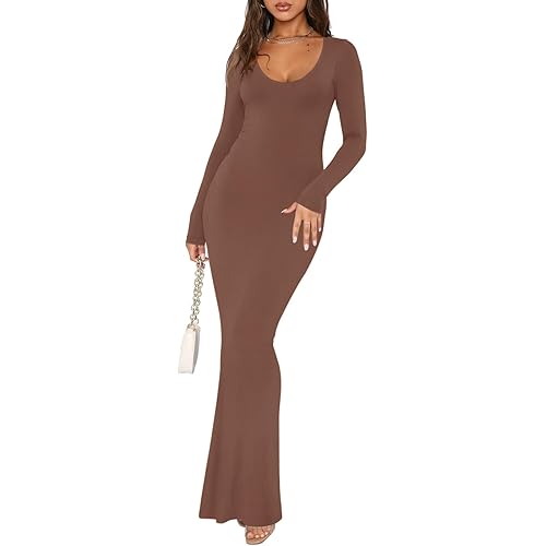 REORIA Women's Sexy Scoop Neck Long Sleeve Lounge Long Dress Ribbed Bodycon Maxi Dresses