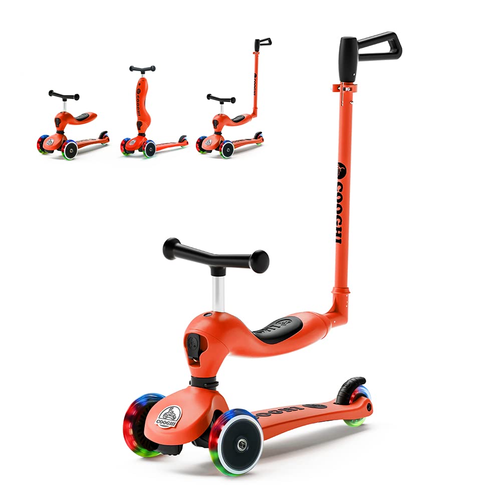 COOGHI Toddler Scooter, 3in1 Kids Scooter with Flashing Wheels, Adjustable Parent Push Bar
