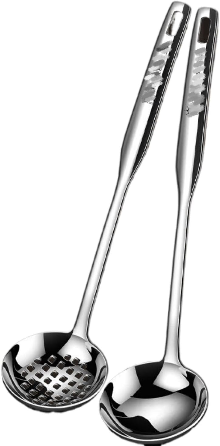 304不锈钢家用长柄火锅汤勺漏勺套装大号盛汤加厚加深勺子 Stainless Steel Long handled soup spoons，Spoons,Meal spoon Household Cleaning，Kitchen Storage Essentials