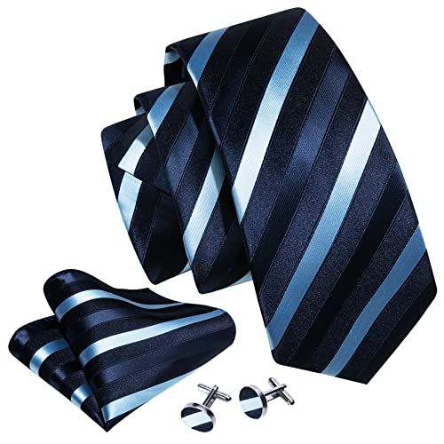 Image of Barry.Wang Tie Sets for Men Silk Stripe Necktie Woven Checkered Handkerchief Cufflinks Formal Business Wedding