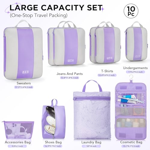 Image of OlarHike 10 Set Compression Packing Cubes for Travel Essentials,Compressible Expandable Space Saver Bags for Organizing Clothes,Luggage Garment Bags with Over 1000 pcs Mesh Holes(Light Purple)