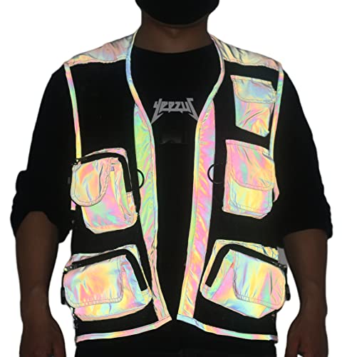 LZLRUN Mesh Rainbow Reflective Cargo Multi-pocket Vest for Men Fishing Outdoor Work Jacket - Main Image