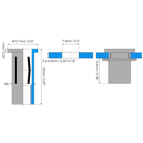 Miniatura 7 de uxcell Tuercas de remache M6 multiagarre, 5 piezas de vástago preabombado, cabeza plana, tuerca de inserción roscada de acero al carbono más tuercas