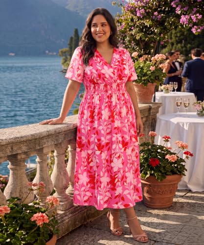 Image of CARCOS Plus Size Dresses for Curvy Women V Neck Summer Maxi Dress Short Sleeve Floral Boho Dress Smocked Waist Beach Dress