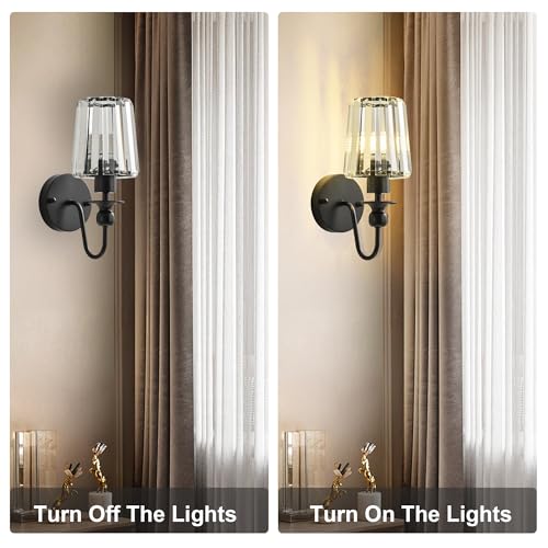 Image of KARTOOSH Hardwired Crystal Wall Sconces Set of 2 | 11.2 Inch Black Wall Lights Dimmable 3000K Warm White Wall Lamps for Hallway, Bathroom, Living Room, Bedroom