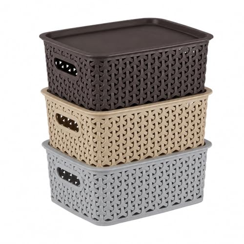 Image of JD Fresh Pack of 3 Premium Plastic Storage Basket with Lid /Smooth Handle Design&Stackable Storage Organizer /Durable Kitchen Storage Basket for Clothes, Vegetables, Fruits, Toys, Stationery(Multicolor)