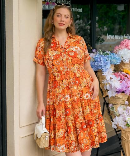 Image of CARCOS Plus Size Dresses for Curvy Women Collared Vneck Short Sleeve Dresses Midi Summer Ruffle Dress with Pocket XL-5XL