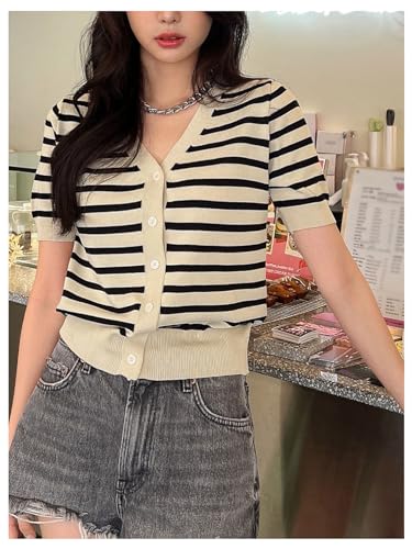 Image of GORGLITTER Women's Striped Short Sleeve Cardigan V Neck Open Front Button Down Sweaters Black and Apricot Medium