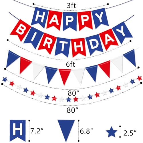 Image of Blue, White & Red Birthday Party Decorations - Happy Birthday Banner, Honeycomb Balls, Star Streamers, Triangle Flags, Perfect for 4th of July & Baseball Parties