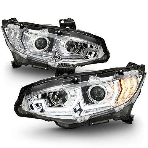 ACANII - For 2016-2020 Honda Civic Halogen Chrome LED DRL Sequential Signal Projector Headlights Headlamps Pair Assembly
