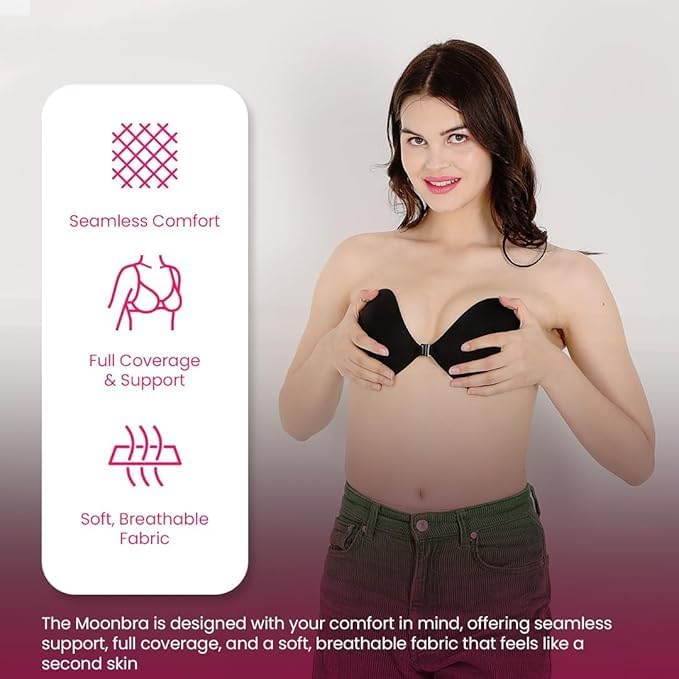 Image of DRAKIO Silicone Adhesive Push-Up Bra with Front Clasp | Strapless Backless Stick-On for Deep Neck Dresses | Reusable Invisible Seamless Wireless Support for Women (Multicolor)