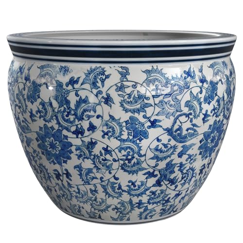 Red Lantern White Fishbowl-Size and Design, Porcelain Earthenware Terracotta Ceramic, Floral Blue, 12 Inches Diameter