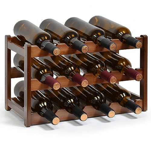 IWTTWY Wine Rack, 3 Tier Free Standing 12 Bottles Wines Storage, Natural Wooden Wine Bottle Holder Water Bottle Storage for Cupboard Home Kitchen Pantry Wine Cellar(L43x W23.5x H25cm)