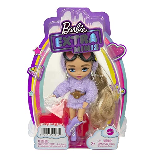 Barbie Extra Mini poupée n°4 (14 cm) avec Tenue Violette, Socle et Accessoires Dont Serre-tête à Oreilles d’Ours et Lunettes de Soleil, Jouet pour Enfant, HGP66