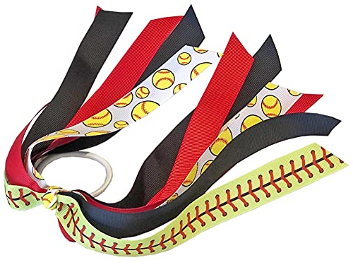 HipGirl Softball Hair Scrunchies & Ribbon Ponytail Holders-2ct 7 Softball Hair Ties with Streamers-Softball Hair Accessories for Girls Teens & Women-Game Day Sport Hair Band Gifts