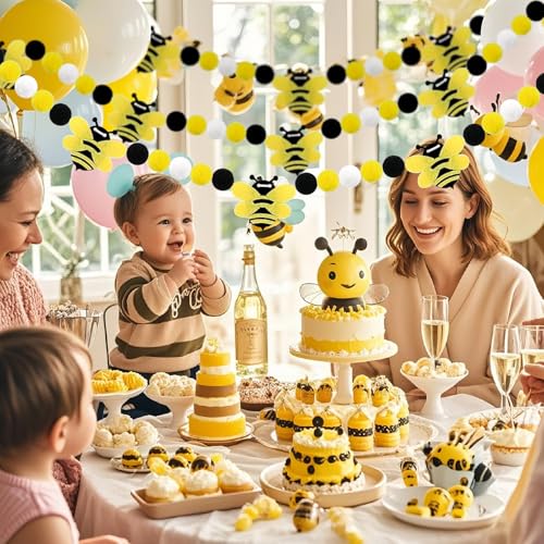 Image of 3 Pcs Honey Bee Decorations Bee Felt Garlands Pre-Strung Hanging Banner Bees Pom Pom Happy Bee's Day Party Supplies for Baby Shower Birthday Party