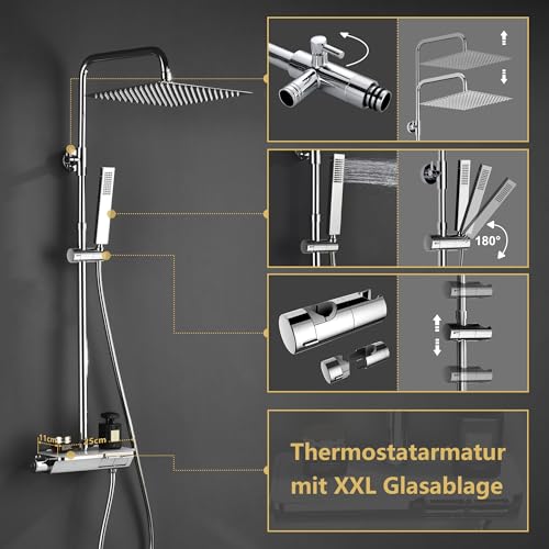 Görbach Edelstahl Duschset Regendusche Duschsystem mit Thermostat Mischbatterie, Verstellbarer Duschstange, Kopfbrause 30x30 cm Chrom – Ansicht 5