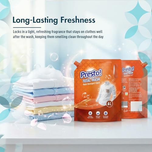 Image of Amazon Brand - Presto! Total Wash Matic Detergent Liquid | 6 Litres| Removes Tough Stains | Gentle On Fabrics | Refreshing Fragrance | Liquid Detergent For Washing Machine & Hand Wash