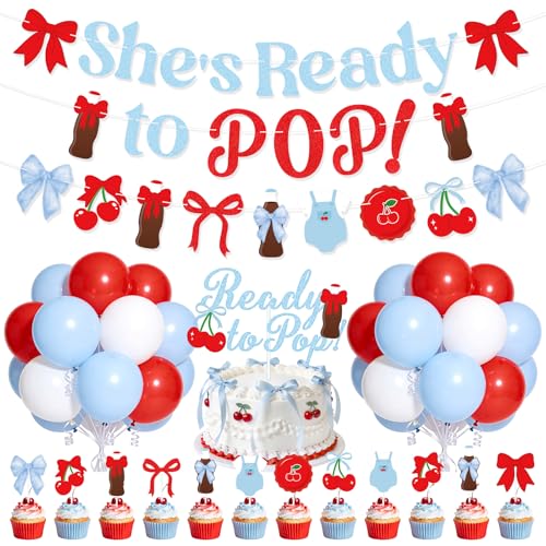 Cherry and Bow Baby Shower Decorations Shes Ready to Pop Banner Red and Blue Soda Pop Party Decorations Latex Balloons Bow Cake Topper for Baby Shower Gender Reveal Party Decorations