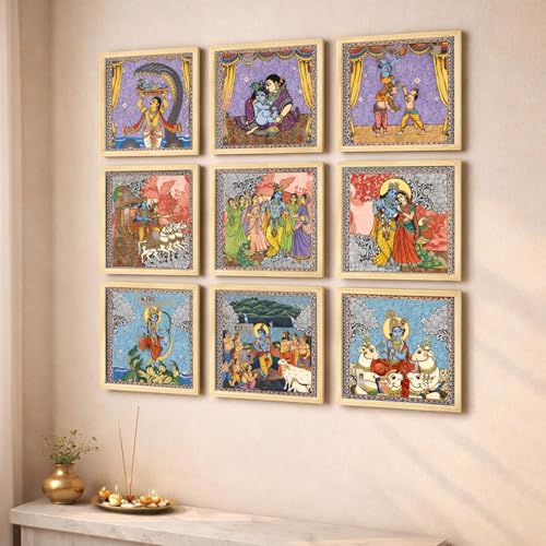 Image of Krishna Wall Sculpture Paintings for Home decoration | Pichwai Madhubani Wall painting for living room | Krishna Leela Wall Decor | Wall art | Home Decor Gift Items | Set of 9, (9x9 Inch)