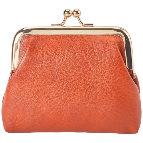 CREATCABIN Brown Kiss Lock Wallet Vintage Leather Coin Purse Ladies Money Pocket Iron Frame Compact Hand-held Wallet for Credit Cards Keys Headset Storage Christmas Valentine's Day Gift 4.1x4.3x1.2in