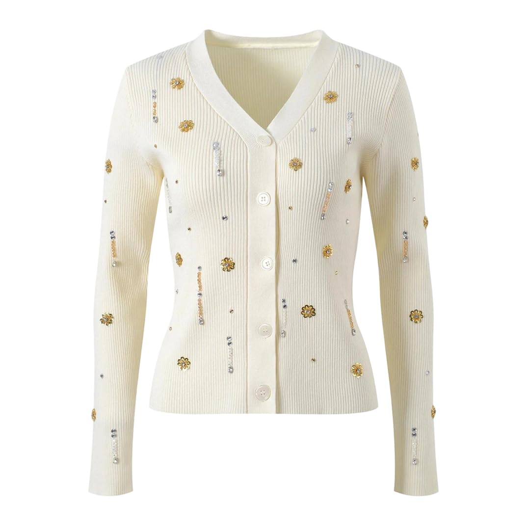 Women Ribbed Knit V Neck Cardigan with Floral Crystal Lightweight Fall Cocktail Party Daily Knit Sweater