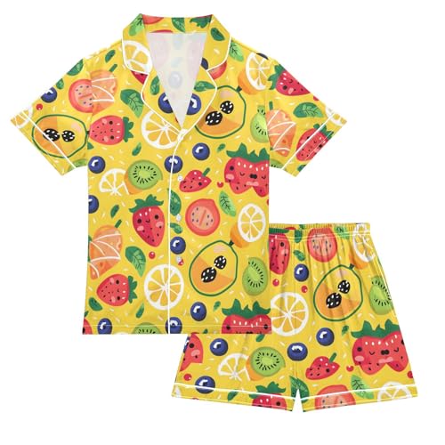 ALAZA Lemon Strawberry Yellow Pajamas Satin Pajama Set Short Sleeve Button Down Sleepwear