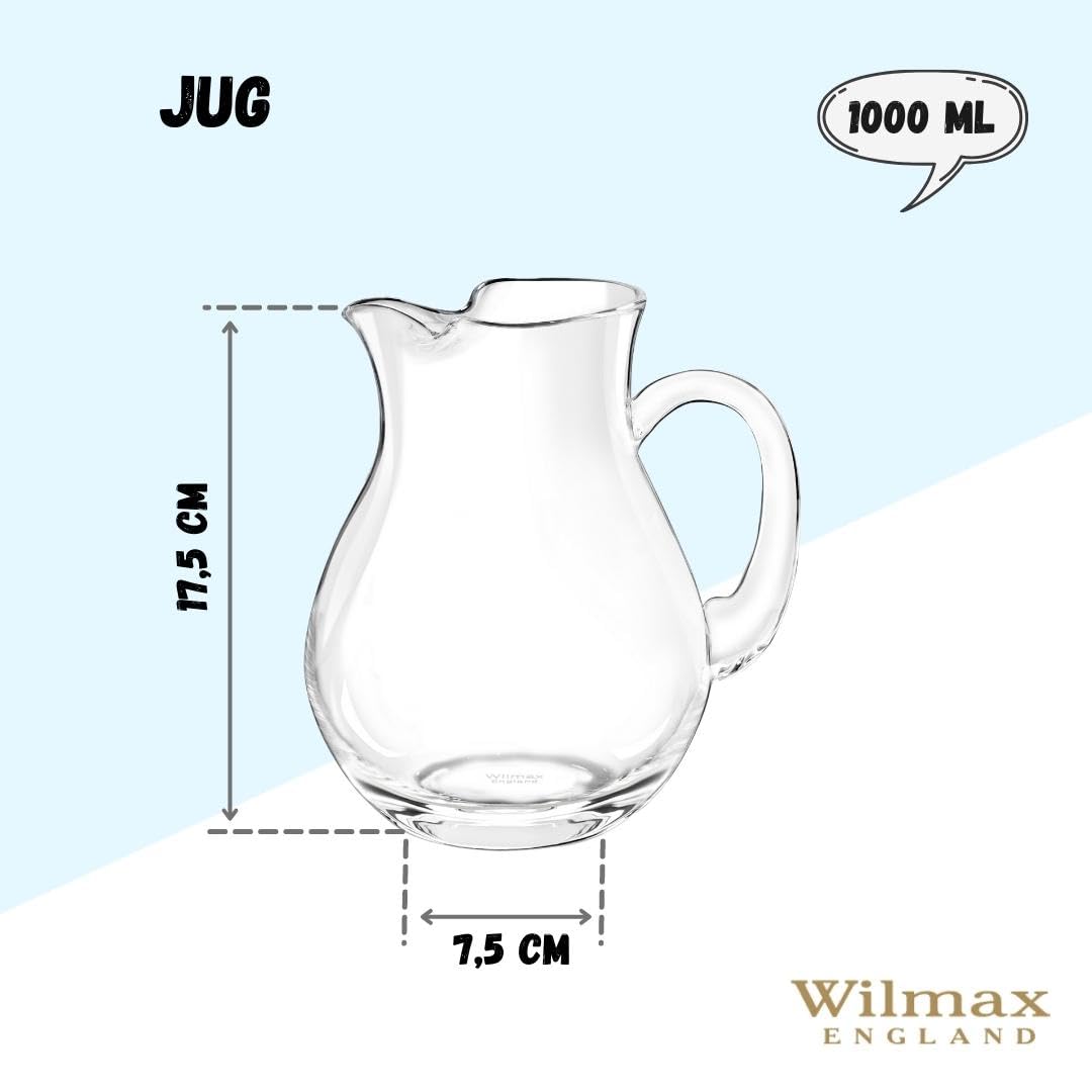 Wilmax Set composto da una brocca in vetro da 1 l e 6 bicchieri da 540 ml - Set per bevande - Brocca per succhi, acqua, tè freddo, latte - Caraffa - Lavabile in lavastoviglie