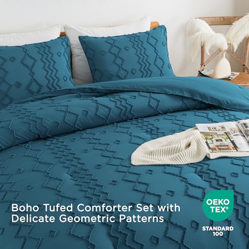 Image of Andency Teal Tufted Comforter Set King(104x90Inch), 3 Pieces(1 Boho Comforter, 2 Pillowcases) Textured Farmhouse Bed Set, Soft Down Alternative Geometric Bedding