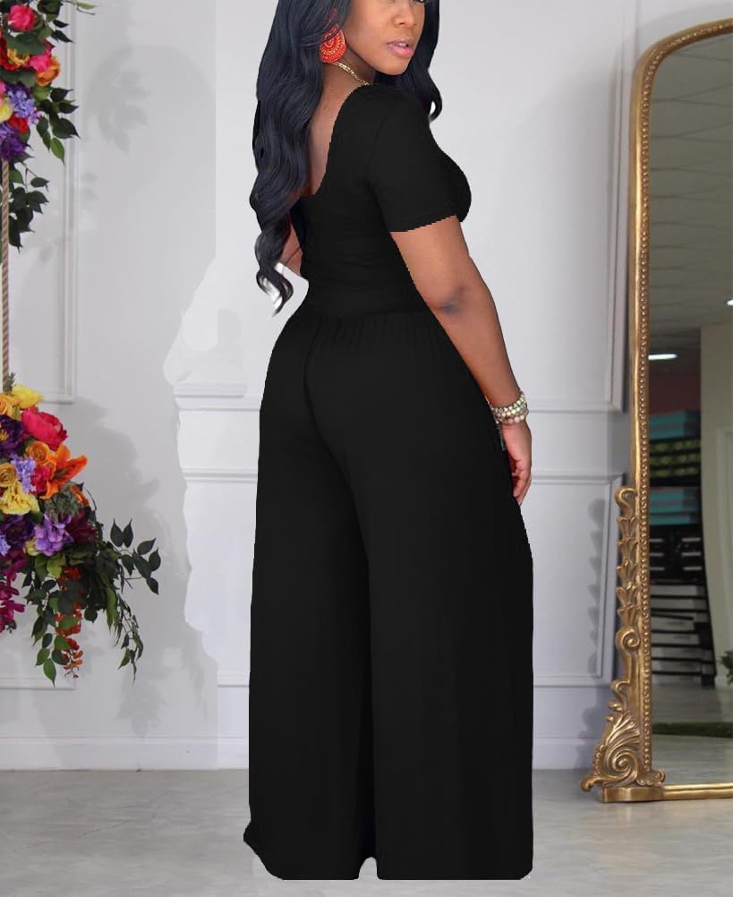 HBQ Women's Two Piece Outfits Casual Sweatsuits Backless Short Sleeve Crop Tops Wide Leg Pants Lounge Sets Tracksuit-Black-L - Image 3