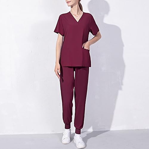 Vista 2 de Conjunto médico clásico para mujer, color liso, cuello en V, camiseta médica y pantalones deportivos para enfermera, con bolsillos