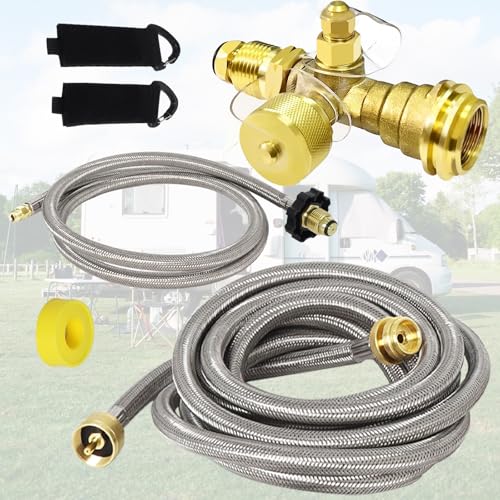 Extend a Stay RV Propane Kit Propane Brass Tee Kit with 5FT & 12FT Stainless Braided Hoses RV Propane Tank 4-Port Adapter Kit Connecting Auxiliary Propane Cylinders