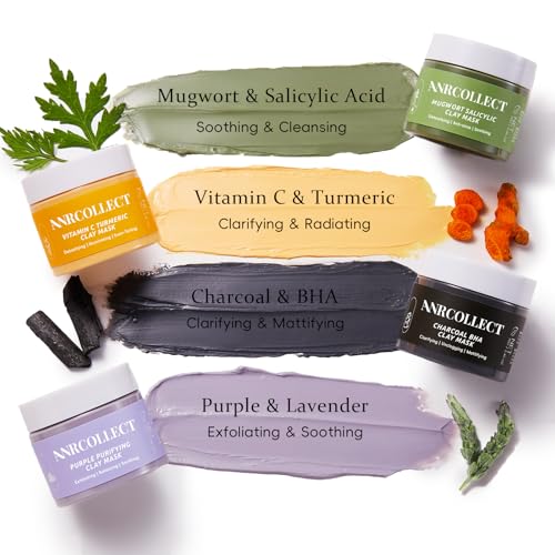 ANRCOLLECT 4-Pack Clay Face Mask Set (280g Total) - Vitamin C Turmeric, Charcoal BHA, Mugwort Salicylic & Purple Clay Masks for Deep Pore Cleansing, Oil Control & Blackhead Removal - Skincare Gift Set
