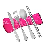 Wayber 4 Pcs Portable Stainless Steel Camping Flatware Set (Knife Fork Spoon Chopsticks) with Lightweight Soft Neoprene Case, Eco-Friendly Ideal for Traveling/Party/Business Trip/Office (Pink)