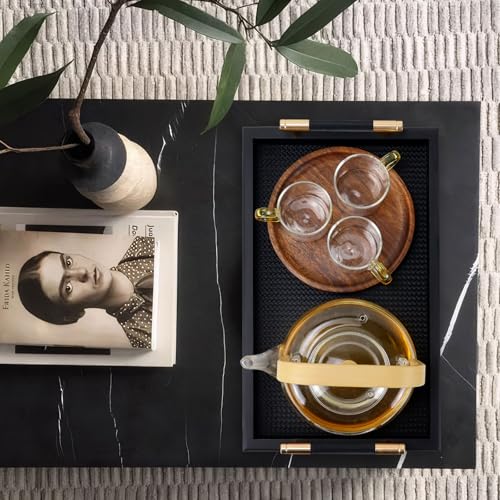 Serving Tray with Handles, Black Decorative Large Serving Trays, Wooden Serving Trays, Dinner, Bathroom and Coffee Table Decor Tray 33.3 x 21 x 8 CM - Image 7