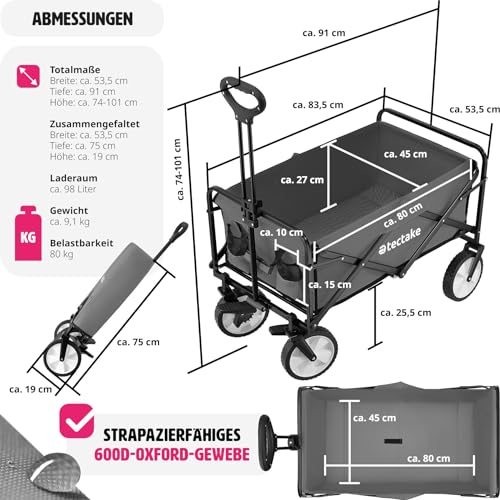 tectake Bollerwagen faltbar, Transportwagen klappbar, mit Tasche, Handwagen zum Ziehen, breite Gummireifen, Faltbarer Trolley zum Transport, für den Strand, im Garten, belastbar bis 80kg (grau) – Bild 7