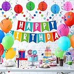 Happy Birthday Decorations Kit: Happy Birthday Banner,Birthday Dots Design Plastic Backdrop, Circle Confetti Garland, Swirl Streamers, Honeycomb Balls & Party Balloons - Table Centerpiece Set - Image 4