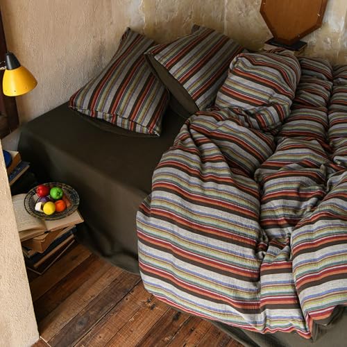 Image of VM VOUGEMARKET Vintage Striped Double Layer Gauze Duvet Cover Set Queen,Boho Multicolor Stripes Bedding Set,Soft Breathable Muslin Cotton Comforter Cover for Cottagecore Cozy Cabin Bedroom Decor