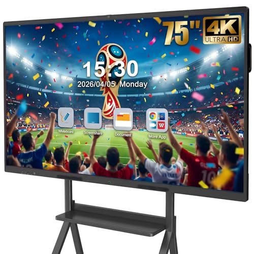 QIXZOCV 75" Smart Board for Business, Interactive Whiteboard with Multi-Touch, 4K Electronic Board with Screen Sharing, Bluetooth/WiFi/HDMI, Camera & Mic, Android 14, 8+128G (Wall Mount Included)